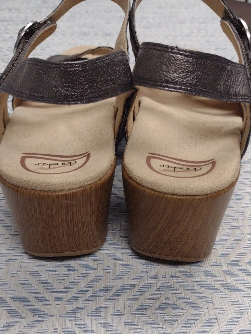 Dansko Silver Leather Wedge Sandals with Wood-Look Heel